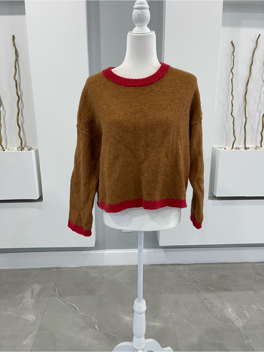 Jigsaw Brown Crewneck Sweater with Red Trim